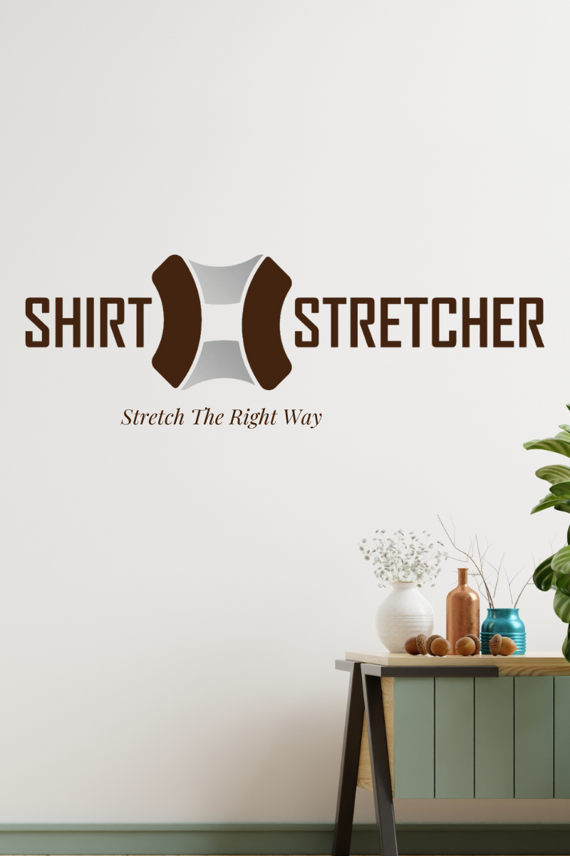 The Shirt Stretcher logo with the slogan "Stretch The Right Way" in an open setting with a table in the background